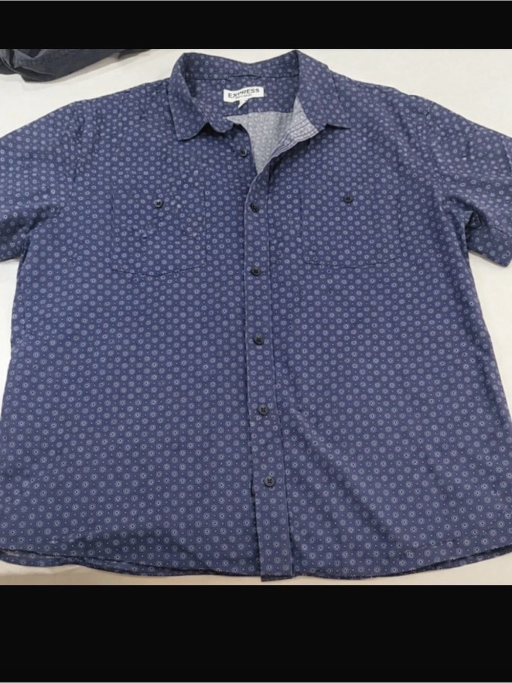 Express Men’s Blue Short-Sleeve Button-Down Shirt with Microprint